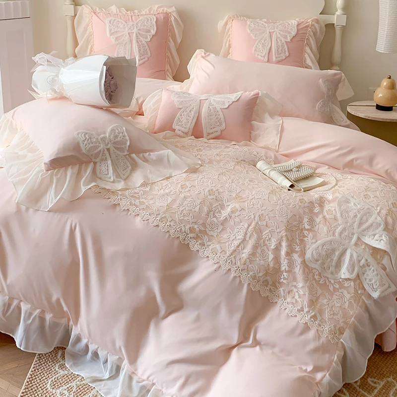 

Korean Princess Bedding Set Coquette Lace Bow Beauty Solid Color Lace Ruffle Comforter Sets Luxury Girls Wedding Duvet Cover