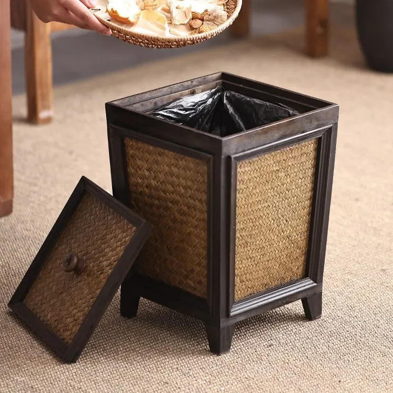 Haven Retro Antique Wooden Trash Can Solid Wood Rattan Living Room Tea Room Household Chinese Kitchen Waste Bin with Lid