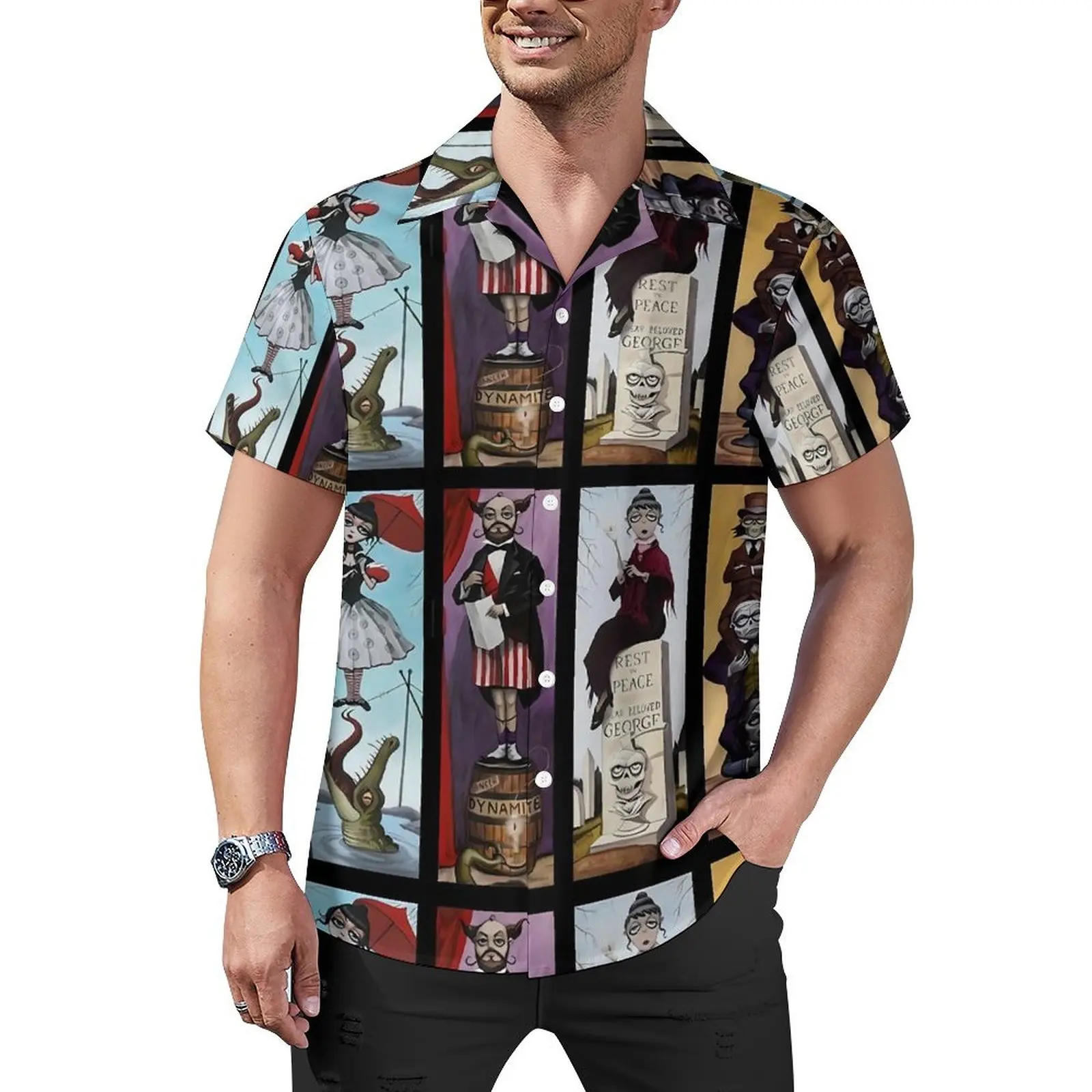 Haunted Mansion Beach Shirt Men Stretching Portraits Elegant Casual Shirts Summer Short Sleeve Comfortable Oversize Blouses