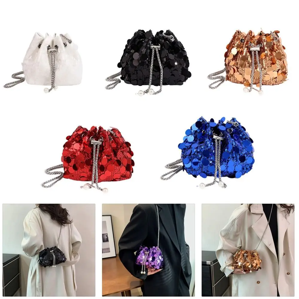 Shoulder Bag for Women Girls Sequin Drawstring Chain Handbag Crossbody Bag Bucket Bag Large Capacity Tote Dinner Bag