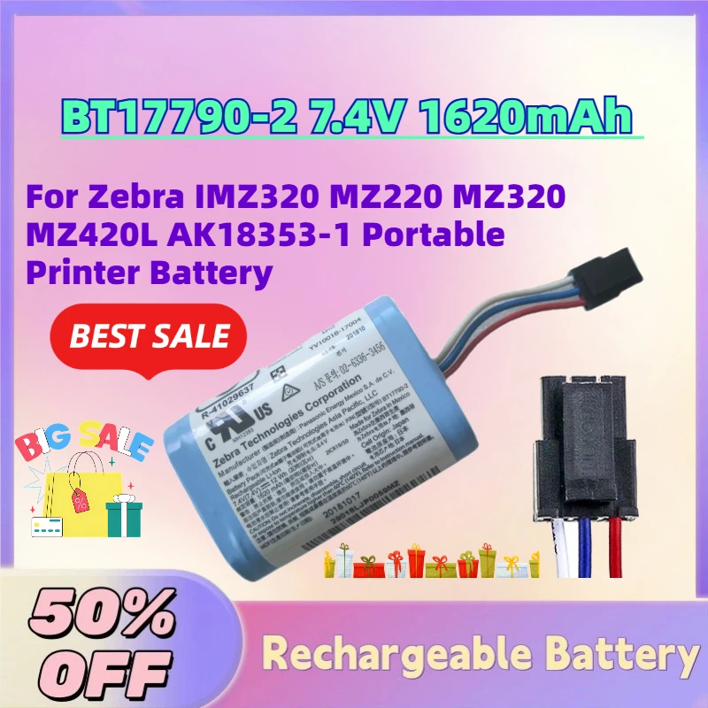

High-Quality New BT17790-2 7.4V 1620mAh Li-Ion Battery for Zebra IMZ320 MZ220 MZ320 MZ420L AK18353-1 Portable Printer Battery