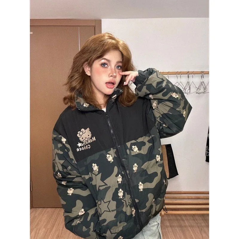 Miniso Plus Size Hello Kitty Winter Coat Women American Retro Loose Mixes Camouflage Zipper Bread Jacket Couple Cotton Clothes