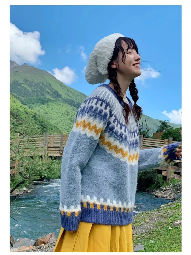 106cmBust FallWinter الأزرق البلوز سترة المرأة أنيقة فضفاضة خمر أيسلندا معرض جزيرة س الرقبة طويلة الأكمام الصوف محبوك سترة