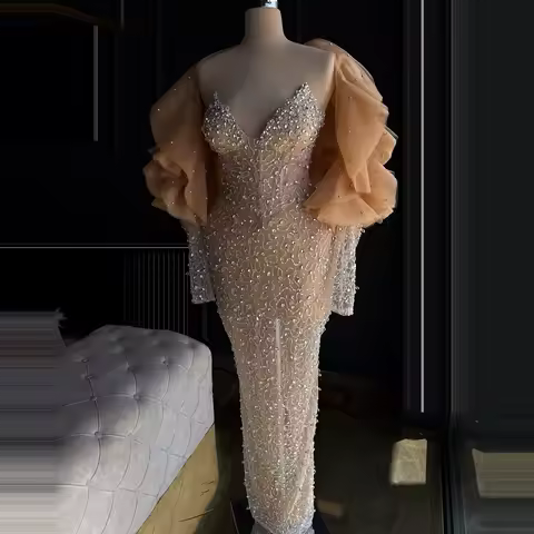 Champagne Off-Shoulder Mermaid Prom Dress Long Sleeve Strapless Evening Dress Crystal Floor Length Celebrity Dress Customized