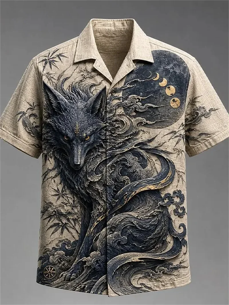 New Blue Bottom Gilded Gloss Japanese style Giant Wave Hot Stamping Crane Relief Printed Men's Short sleeved Shirt