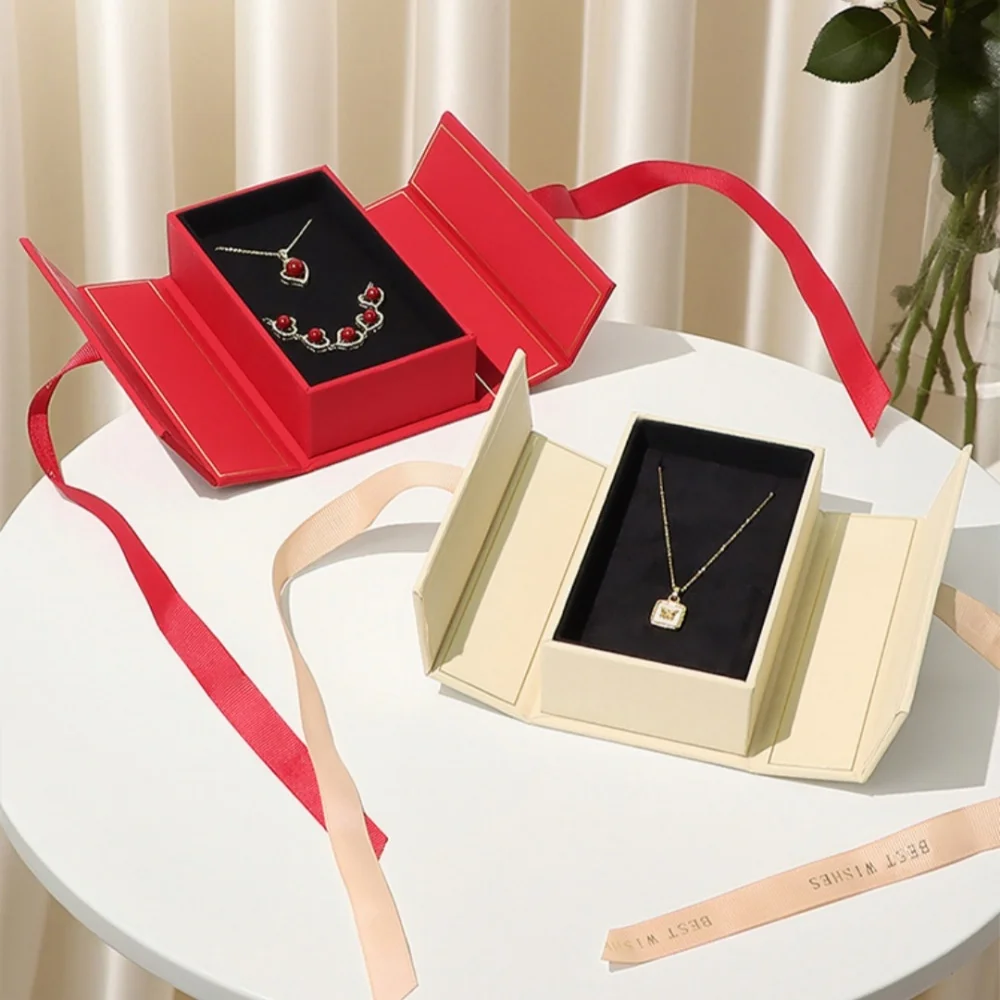 

Красная высококачественная шкатулка для драгоценностей, откидная крышка с лентой, двойная открытая подарочная коробка, ожерелье, кольцо-органайзер, чехол на День святого Валентина, День матери