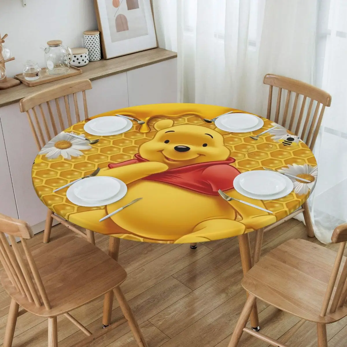 Anime Disney Many Adventures Of Winnie The Pooh Tablecloth Round Elastic Oilproof Cartoon Table Cloth Cover for Kitchen