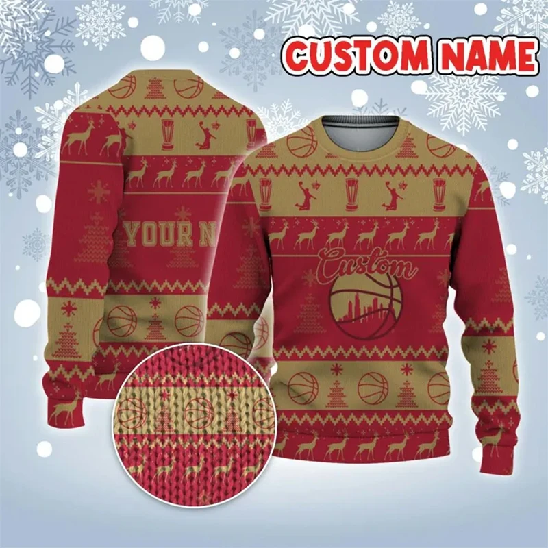 Custom Name Basketball Player Ugly Christmas Sweater Diy Picture Photo Mens 3D Printed Xmas Sweatshirt Casual Oversized Pullover