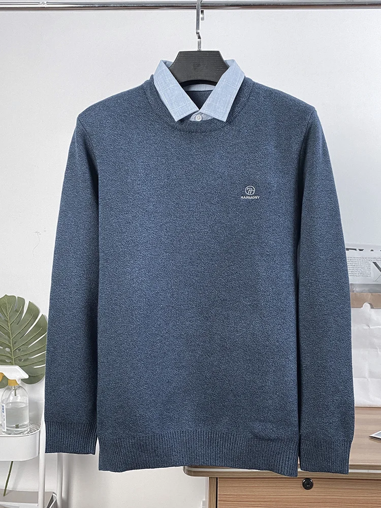 

Men's Faionable Basic Embroidered Soft Comfortable Slightly Stretchable Warm Knitted Sweater Fake Two-Piece Autumn 2023