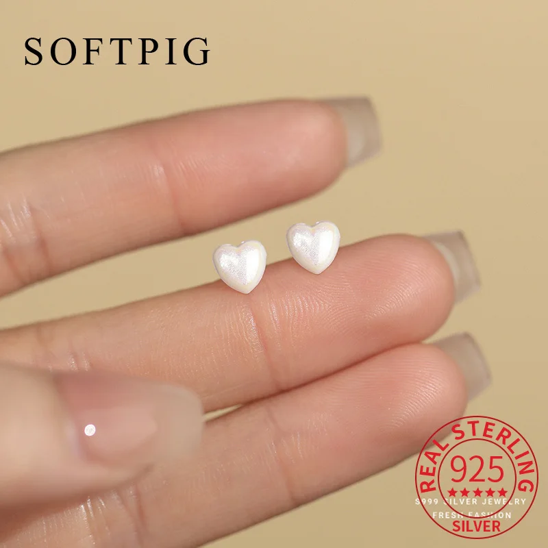 

SOFTPIG Real 925 Sterling Silver Resin Peach Heart Mini Stud Earrings for Women Minimalist Trendy Fine Jewelry Daily Accessories
