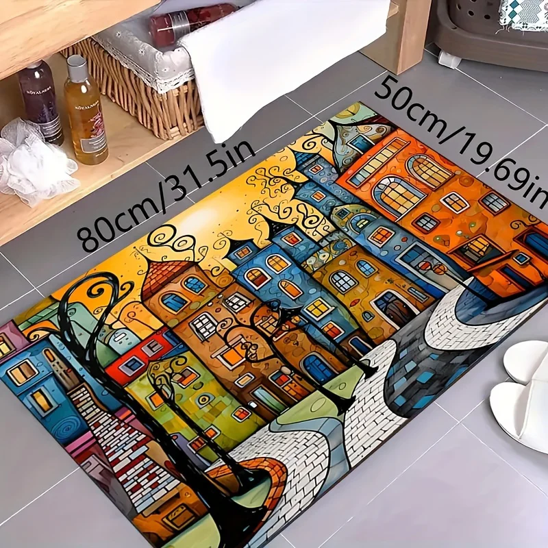 

VIKAMA Retro Abstract City Castle Carpet Oil Painting Doormat Welcome Mat Kitchen Rug Living Room Carpet Rug For Bedroom Soft H