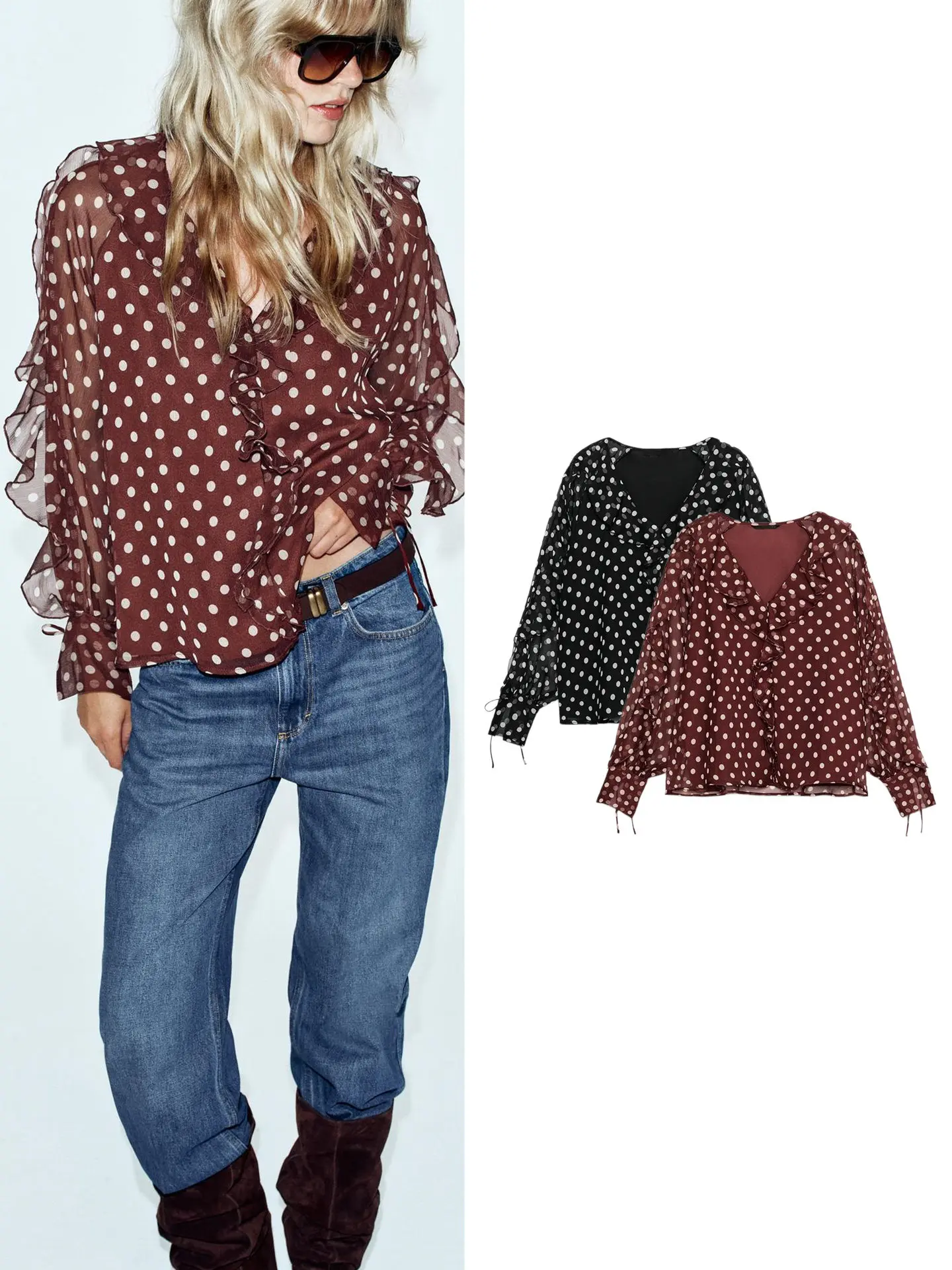 New Autumn Women's Casual Long Sleeve V-neck Polka Dot Layered Decoration Semi-transparent Shirt Comfortable Breathable Polye...