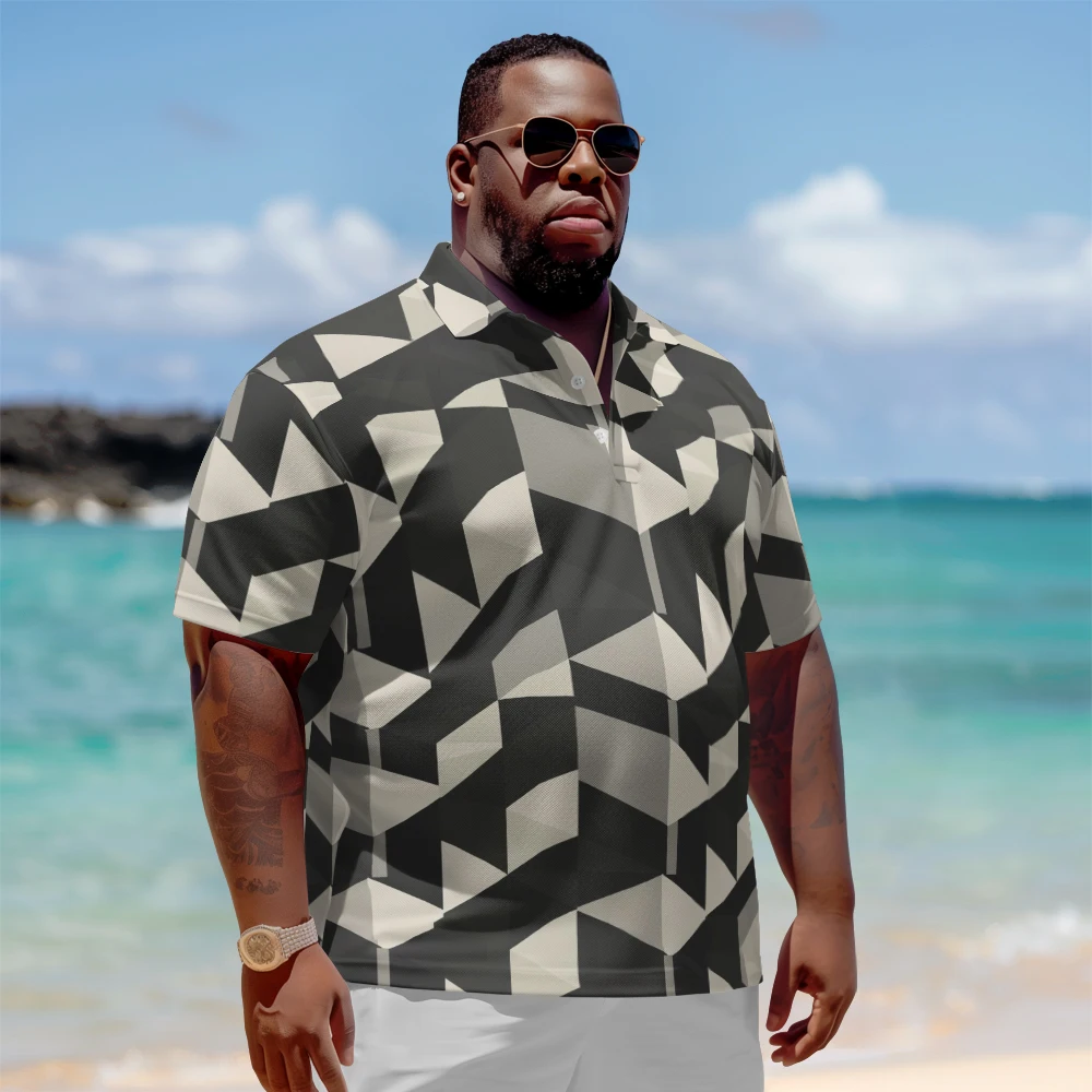 

1 men's plus size polo shirt with summer black and white personalized print casual lapel button suitable for shopping and golf