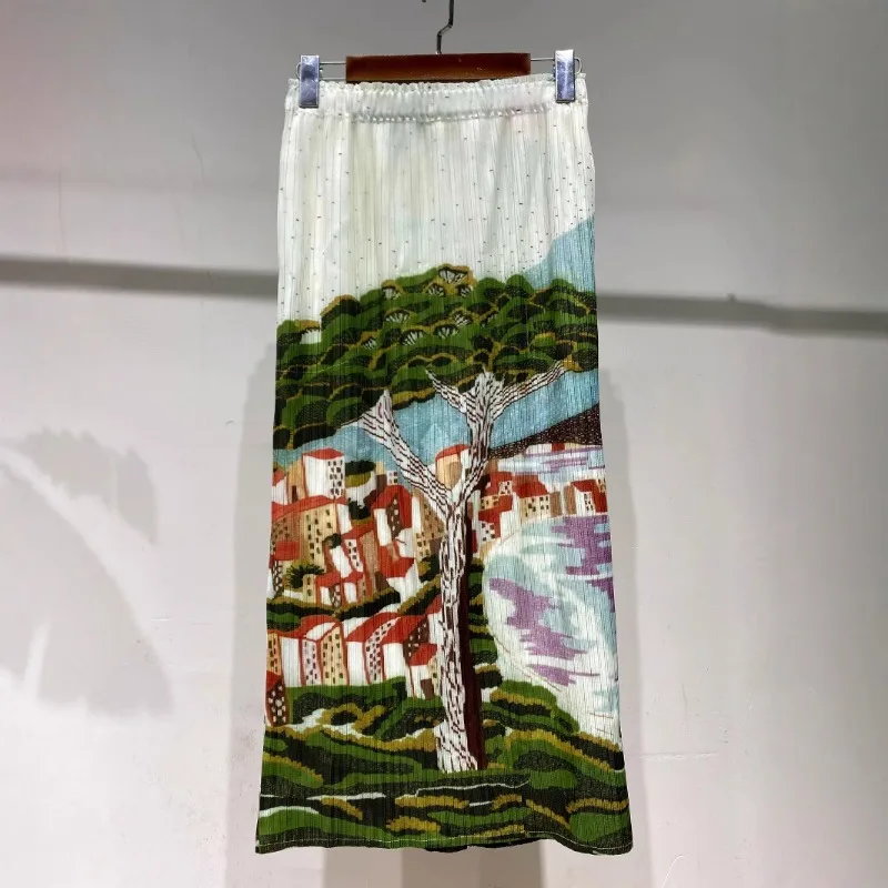 

Luxury Vintage Print Pleated Skirt Women Elastic High Waist Design Mid-length Skirt All-match Trendy Women Clothing Skirts New