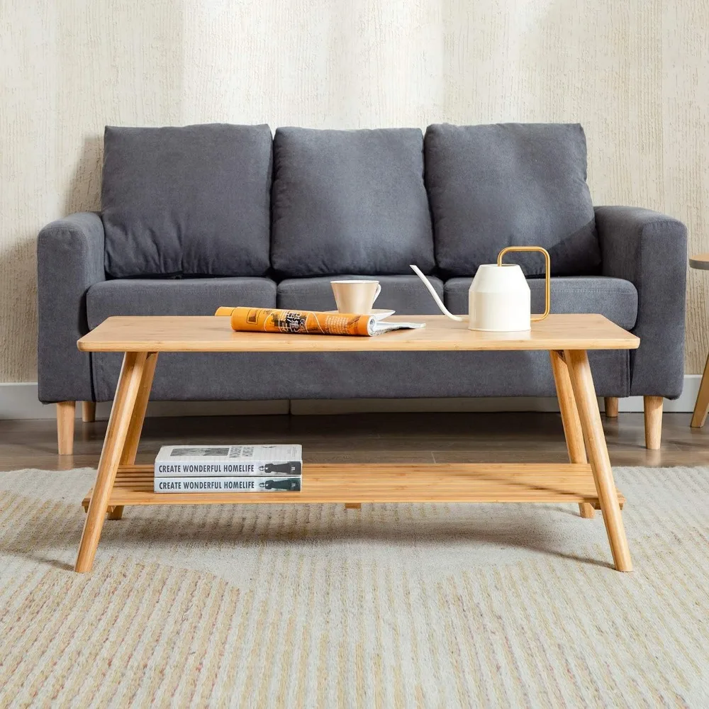 Mid-Century Foldable Bamboo Coffee Table with Open Storage Shelf for Living Room, Suitable as a TV Stand