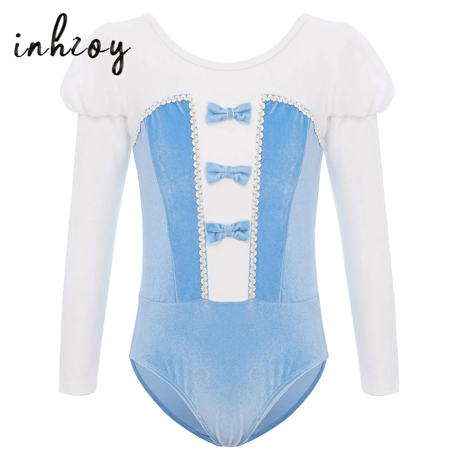 

Kids Girls Bowknot Ballet Dance Leotard Round Neck Puff Long Sleeves Velvet Patchwork Color Block Bodysuit for Ballet Dancewear