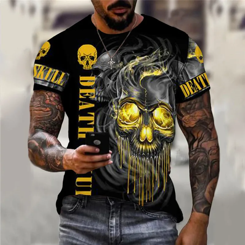 Horror Skulls 3D Fashion Printed Men T-Shirts Short Sleeve Death Skull Letter Gothic T Shirt 6XL Plus Size Loose Casual Tops Tee