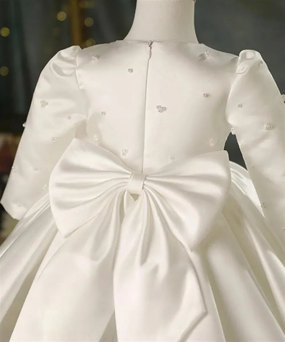 فستان زفاف أنيق لفتاة الزهور من الساتان واللؤلؤ مع فيونكة للأطفال البنات فستان حفلات أعياد الميلاد للأطفال للتعميد بالتواصل #4