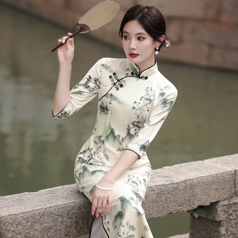 

New Chinese Style Cheongsam Modified Women's 2024 Spring Jiangnan Suzhou Five-Quarter Sleeve Ink Painting Dress
