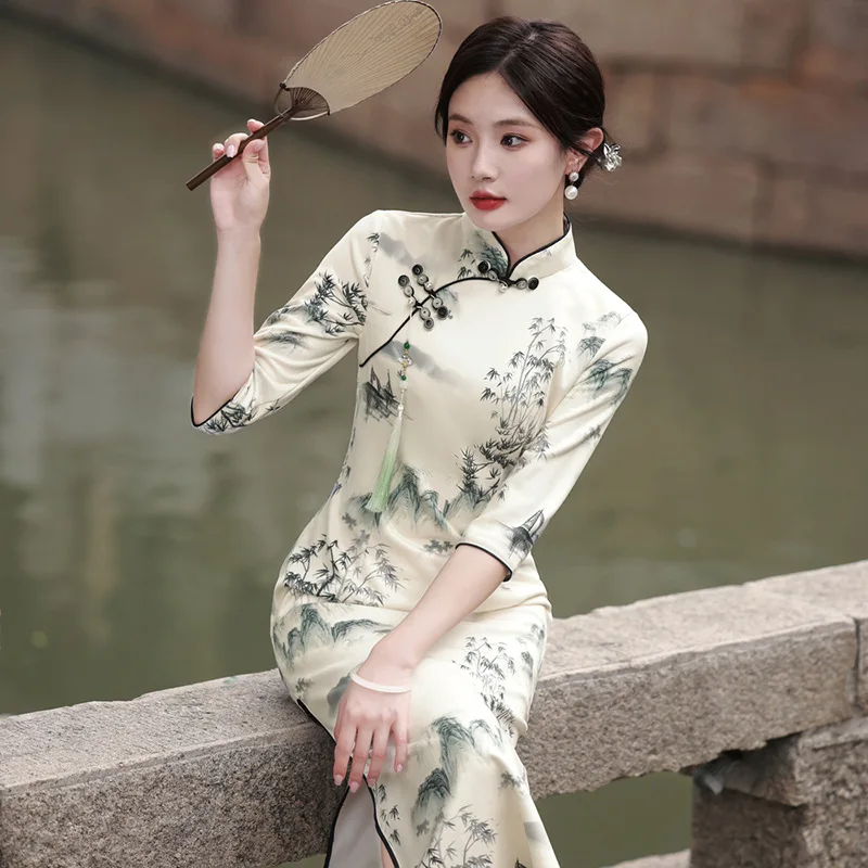 New Chinese Style Cheongsam Modified Women's 2024 Spring Jiangnan Suzhou Five-Quarter Sleeve Ink Painting Dress