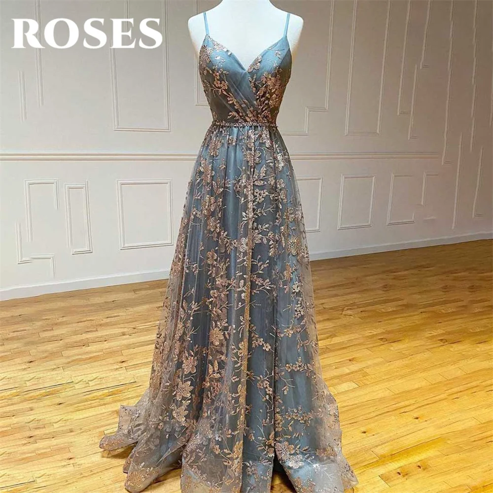 

ROSES Blue Evening Dress Spaghetti Strap Tulle A-Line Long Lace Corset Prom Dress with Pleats Satin 프롬드레스 Appliques Party Dress