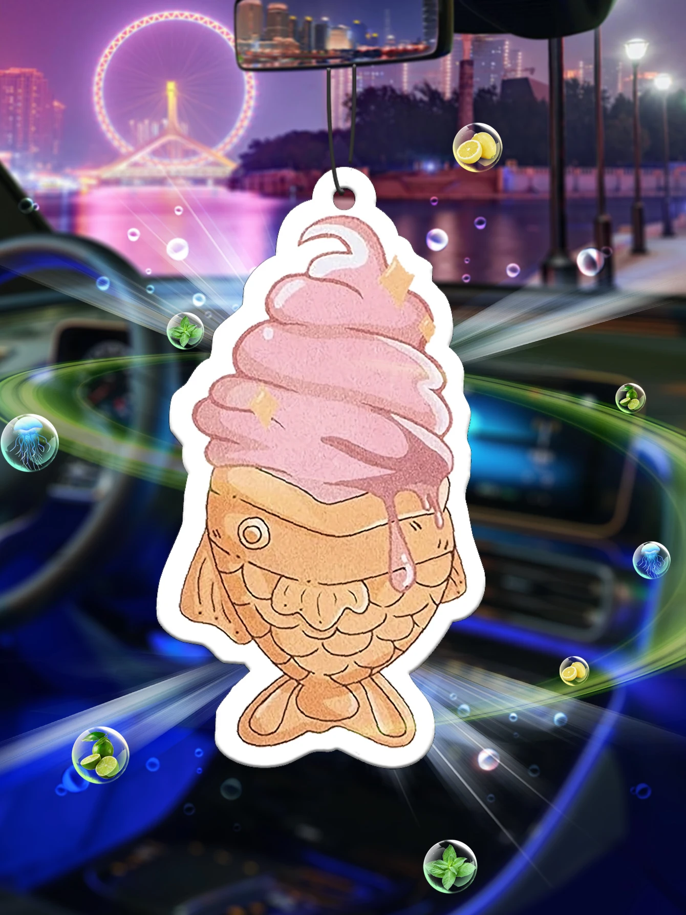 lCute Pink Taiyaki Fish Waffle Ice Cream Cartoon Car Air Freshener Hanging Scent Card, Kawaii Melting Soft Serve Auto Rearview M