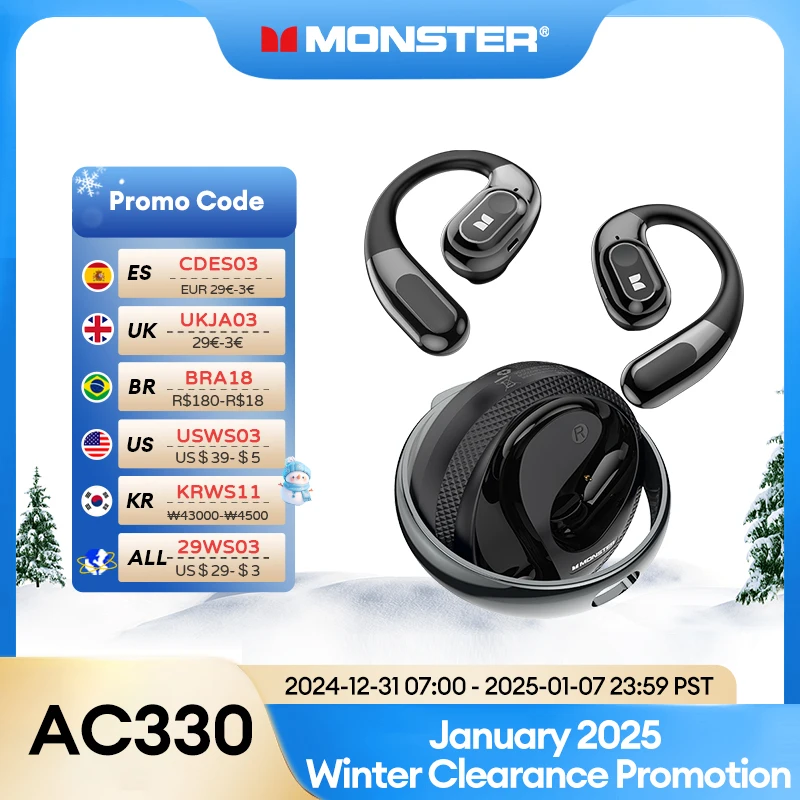 Original Monster AC330 Wireless Bluetooth 5.4 Headset Ear Clip Dual Mode Earbuds HiFi Sound IPX5 Waterproof Sport Earphones New