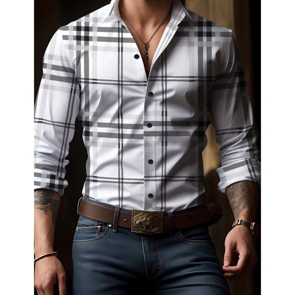 Men's New Spring And Autumn Button Down Shirt Check Print Long Sleeve Luxury Shirt Flip Lapel Oversized Outdoor Street Shot Tops