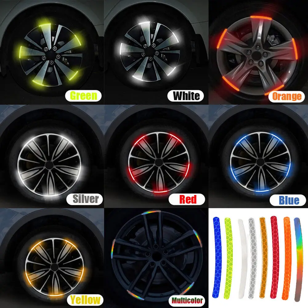 20PCS Universal Wheel Hub Reflective Sticker Rainbow Luminous Stripe Tape Car Decals Night Driving Safety Motorcycle Accessories