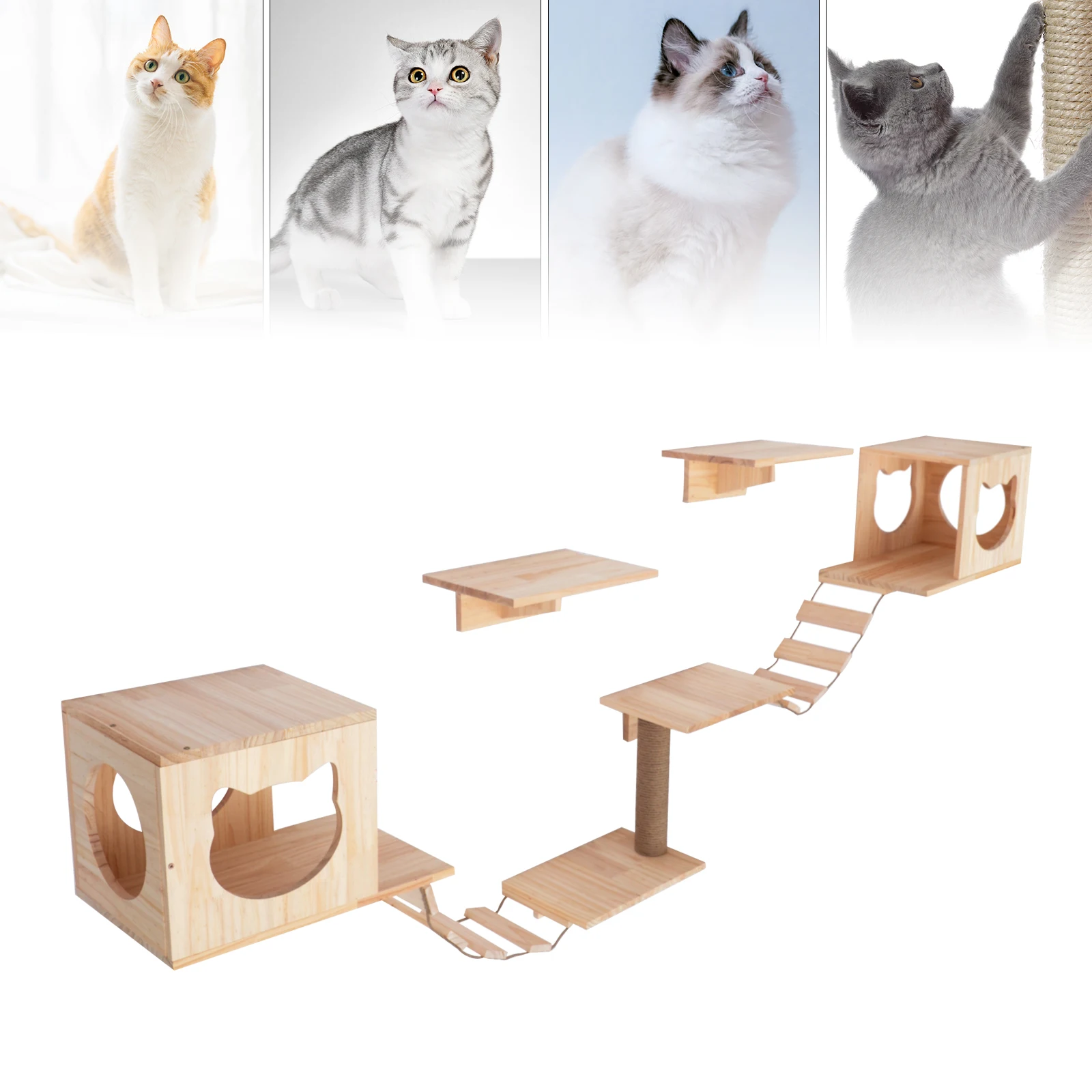 

Wall Wood Cat Climber Set, 2 Condos Houses, 4 Shelves, 2 Ladders, 1 Sisal Cat Scratching Post