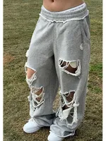 2025 New Distressed Gray Baggy Joggers Women Hip Hop Style Grunge Wide Leg Holes Sweatpants Oversized Gyaru Streetwear Trousers