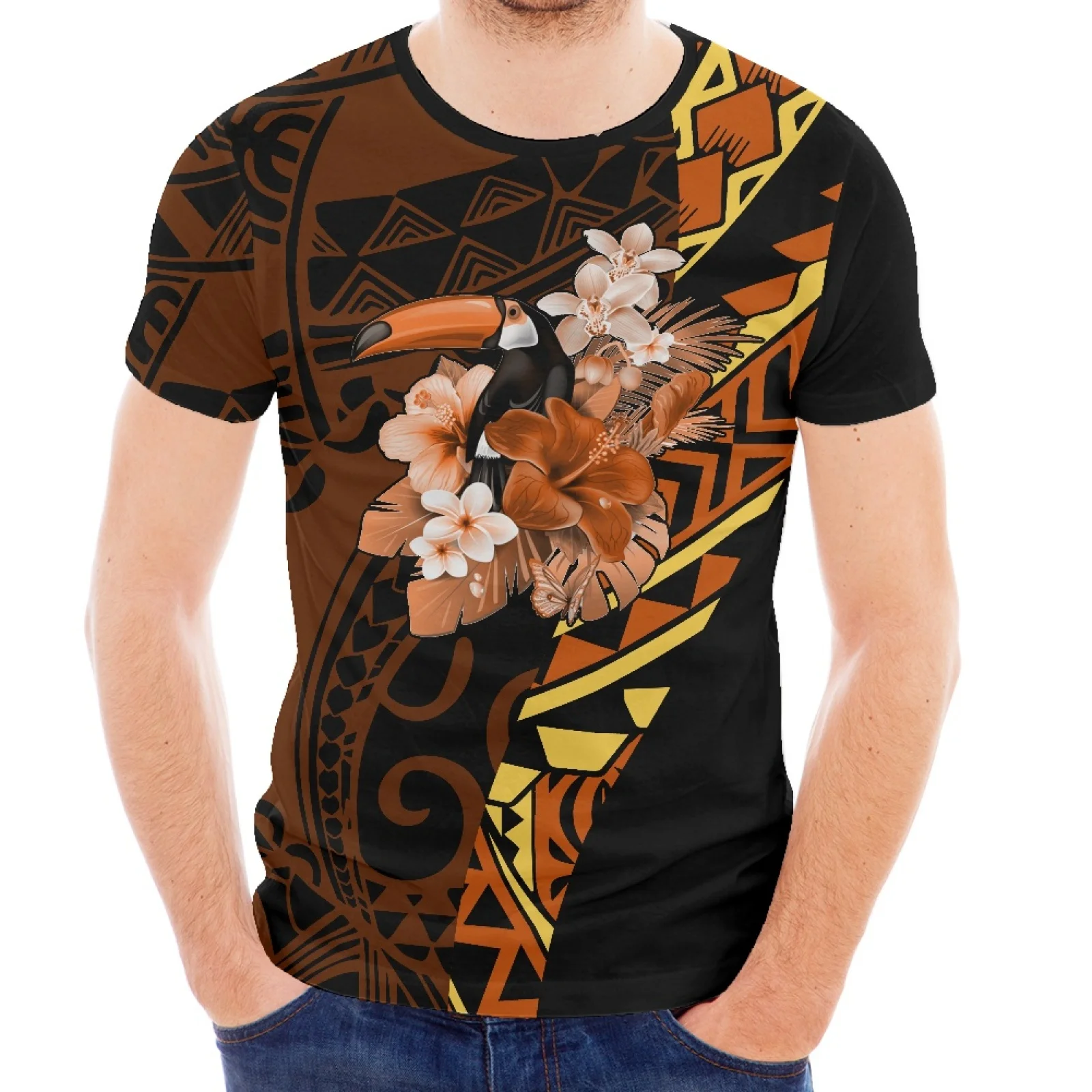 Spring/Summer Hawaii New Fashion Mouth European Hibiscus Floral Print Polynesian Traditional Tribal Style Short Sleeve T-Shirt