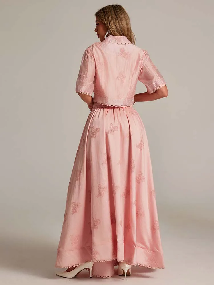 High quality Women's Embroidery 2 Piece set 2025 Summer Stylish Beading short sleeve tops Bow shirt and Long A-line skirt 5T124
