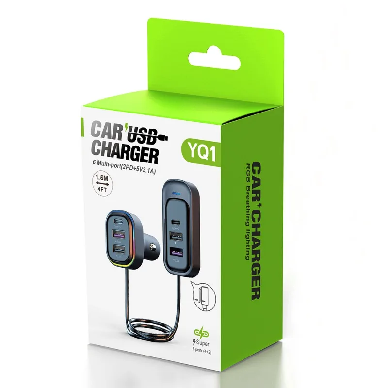 YQ1 66W Fast Car Charger 6-Port Expansion Simultaneous Front and Rear Charging Type-C 2-USB 1.5m Extension Cable Anti-Slip Clamp