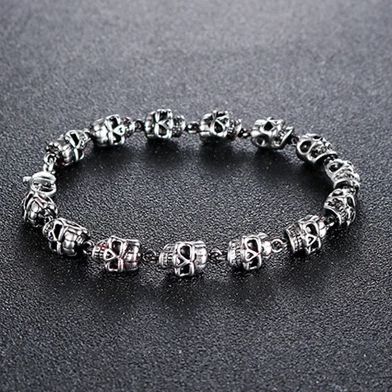 Cool Rock Style Steampunk Skull Bracelet for Men Women Alloy Skeleton Beaded Bracelet Hiphop Tibetan Prayer Beaded Bracelet New