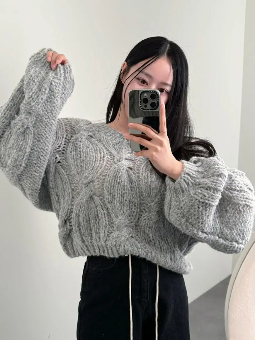 

Свободный длинный вязаный свитер для женщин V-Ne Thi Yarn Twist, мягкий хлопковый свитер для поездок на работу, модный топ