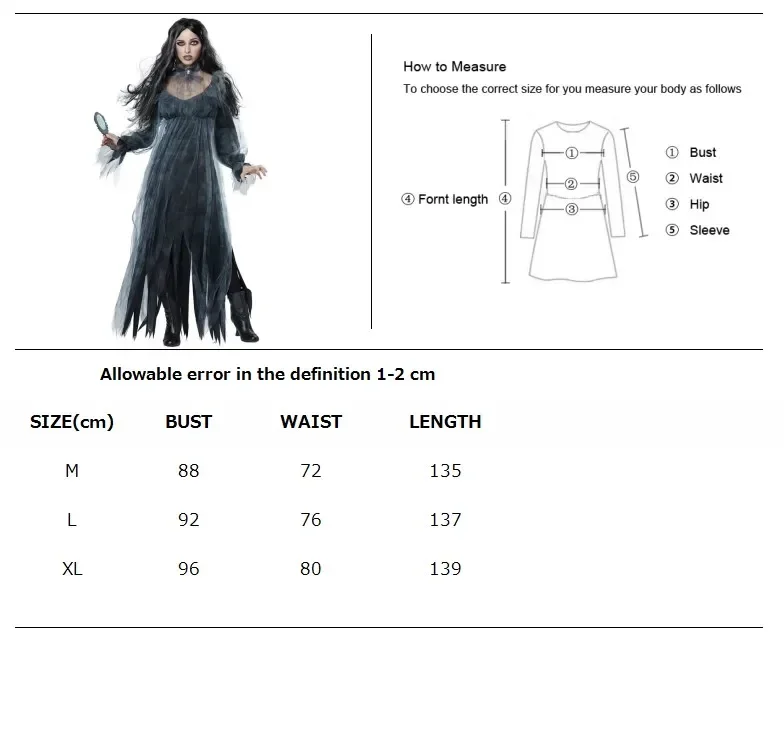 Adulto feminino halloween assustador zumbi fantasma noiva fantasia vestido cemitério cadáver traje preto split vestido longo