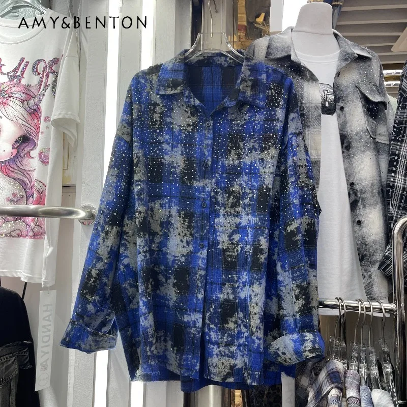 

Women's Shirt 2026 Spring New Arrivals Heavy Craft Rhinestone-embellished Graffiti Plaid Loose-fitting Mid-length Irregular Top