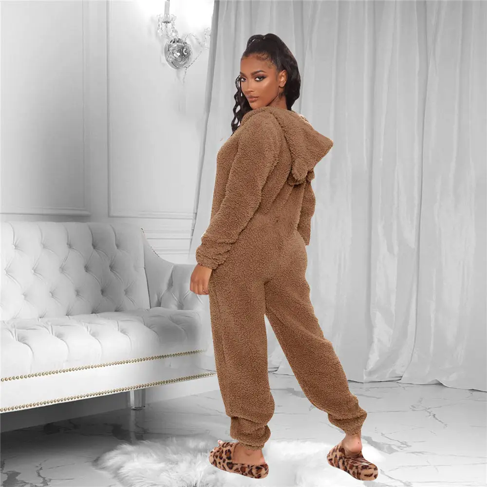 Winter Women Fleece Jumpsuit Oversized 5XL Teddy Bear Ears Kawaii Pajamas Hooded Half Zipper Coverall Sherpa Fuzzy Nighty