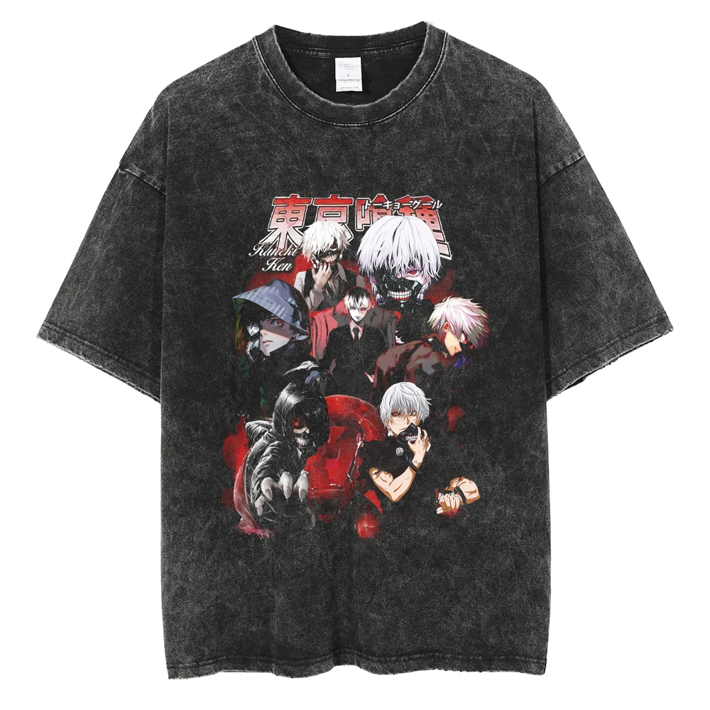

Tokyo Ghoul Ken Kaneki Evolution Collage Acid Wash Oversized Black T Shirt 2026 Summer Streetwear Graphic Tee for Men Women