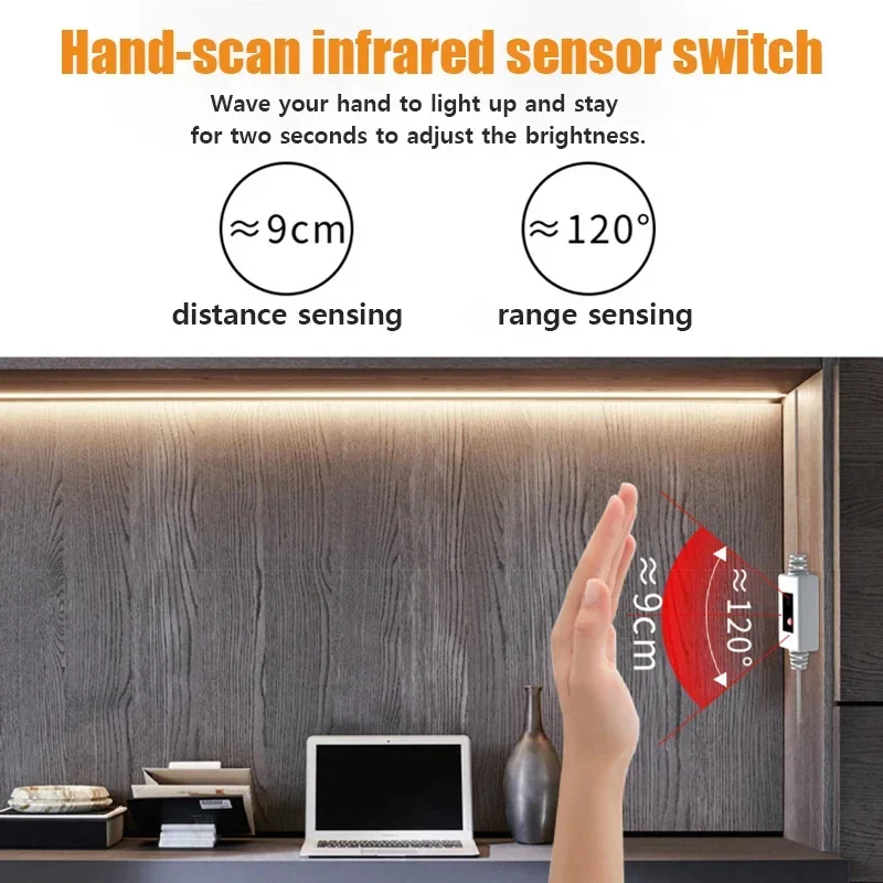 Bedroom Kitchen Wardrobe Decor 5V USB TapeSmart LED Dressing Strip Light PIR Motion Sensor Hand Scan Makeup Vanity Lights