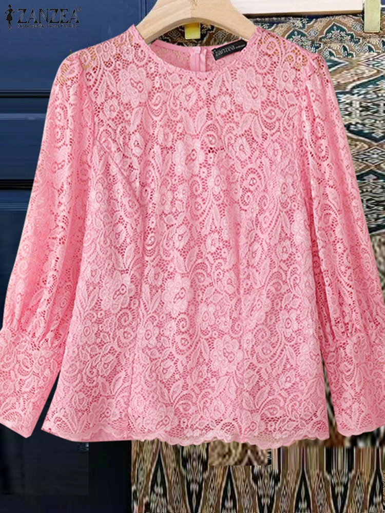 

ZANZEA Women Blouse Summer Puff Sleeve Lace Shirts 2025 Fashion Casual Loose Tunic Tops Round Neck Elegant Office Lady Blusas