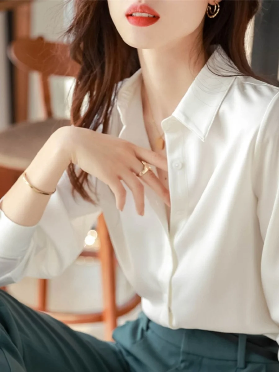 

Ele White Silk irt Women's Spring Summer Simple Dry Commute Profional irt Korean Sle Loose Fit Long Sve ...