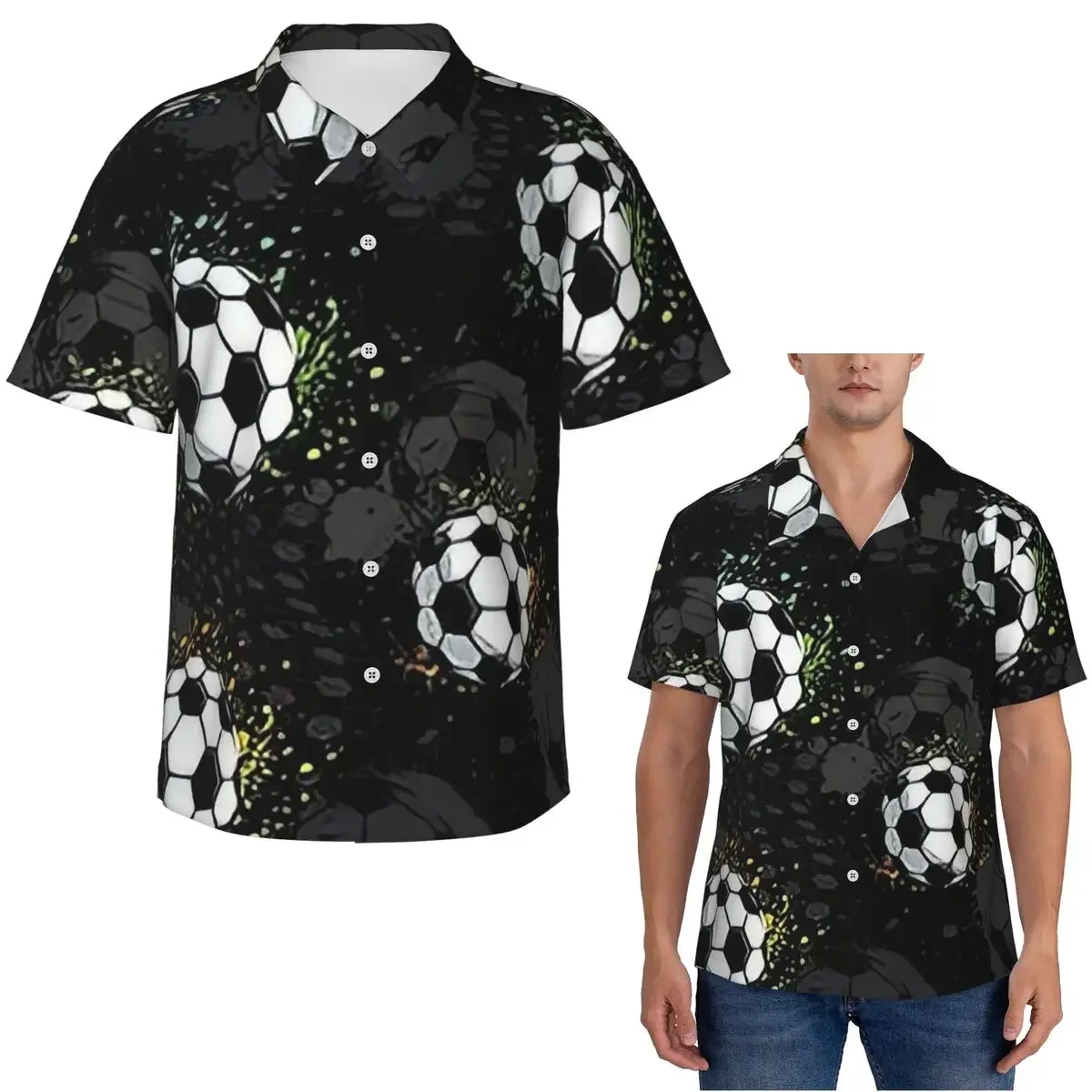 Football Graffiti Pattern Hawaiian Shirts Casual Men Short Sleeve Shirt for Summer Beach Men's Lapel Tops