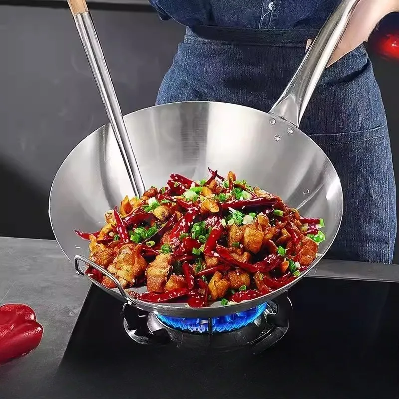 Thick 304 Stainless Steel Commercial Wok Round Bottom Stir Fry Pan Nonstick Gas Stove Cookware Restaurant Durable Frying Skillet