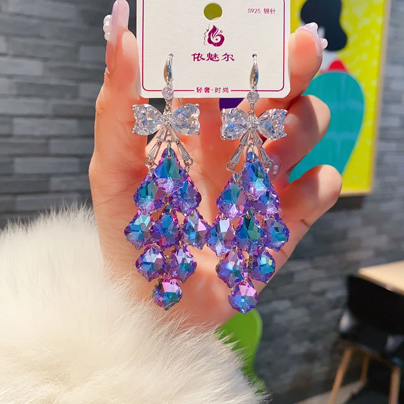 2024 New Colorful Purple Crystal Dangle Drop Earrings for Women Bohomia Trend Korea Fashion Luxury Wedding Party Banquet Jewelry