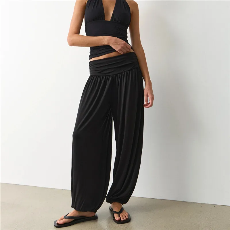 Women Fold Over High Waist Harem Jogger Pants Elastic Soft Modal Loose Baggy Cuffed Ankle Sweatpants Vacation Casual Trousers
