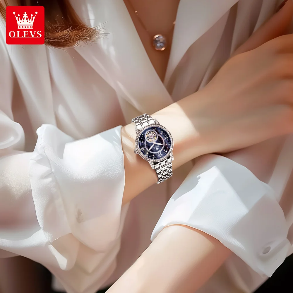 OLEVS-Montre Mécanique à Cadran Ciel Étoilé pour Femme, Marque de Luxe, Bracelet en Acier, Tourbillon