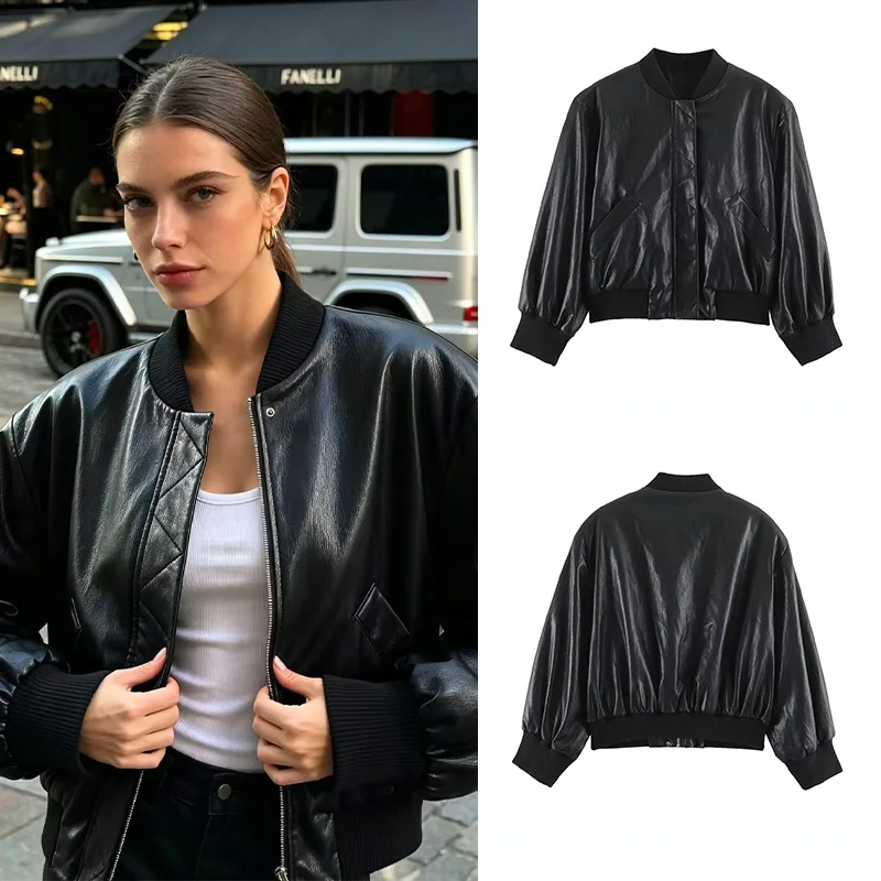 Women Faux Leather Bomber Jacket Padded Shoulder Ribbed Collar Zipper Closure Cropped Aviator Jacket Casual Streetwear Outerwear