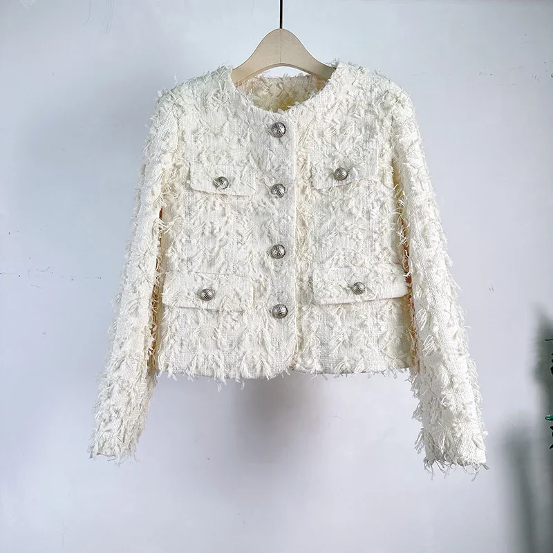 

Women White Small Fragrance Short Coat Spring High Quality French O Neck Tassel Long Sleeve Casual Sweet Tweed Lady Pink Jacket